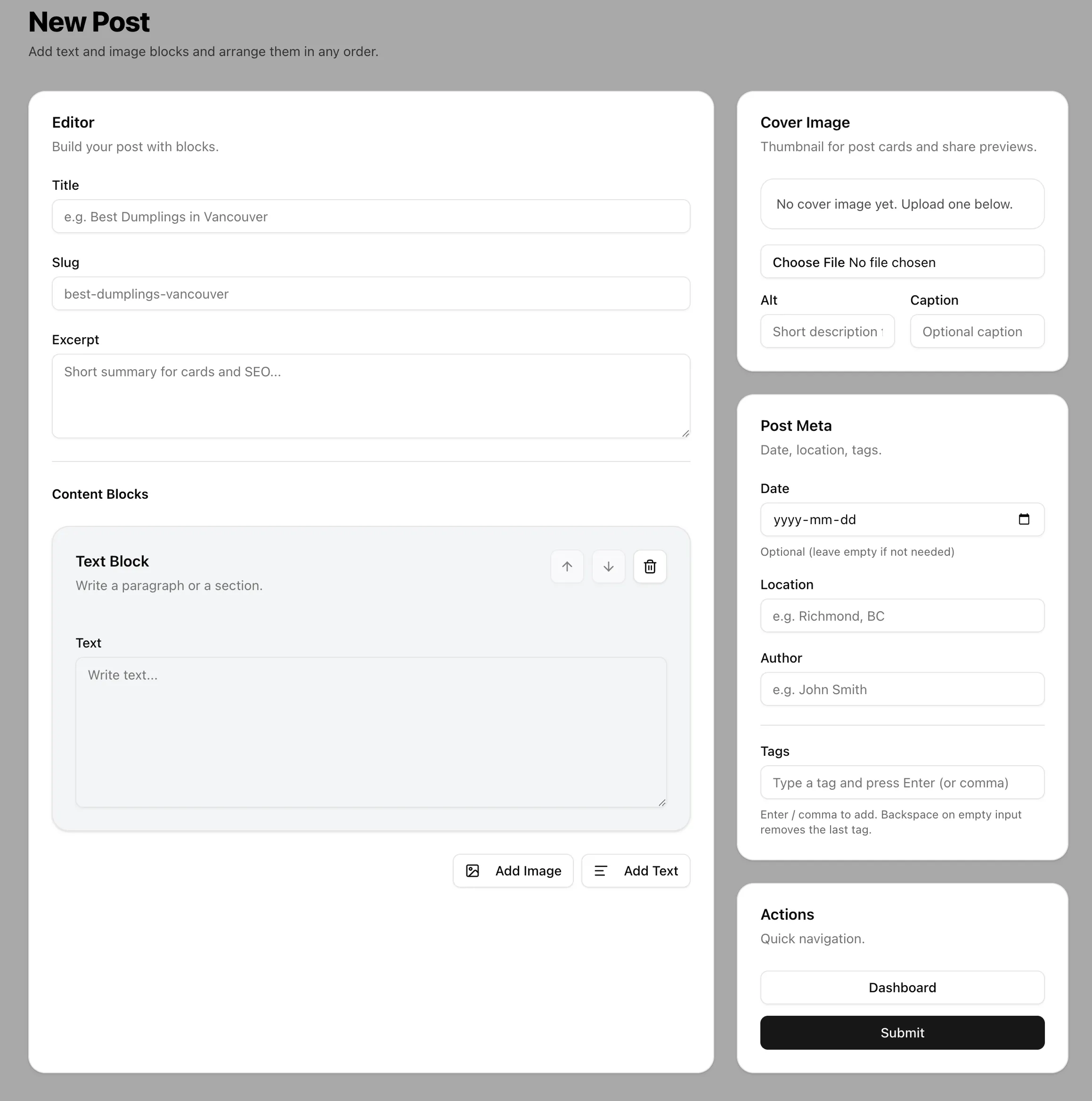 AI-assisted CMS admin screen for managing Tastebuds blog posts