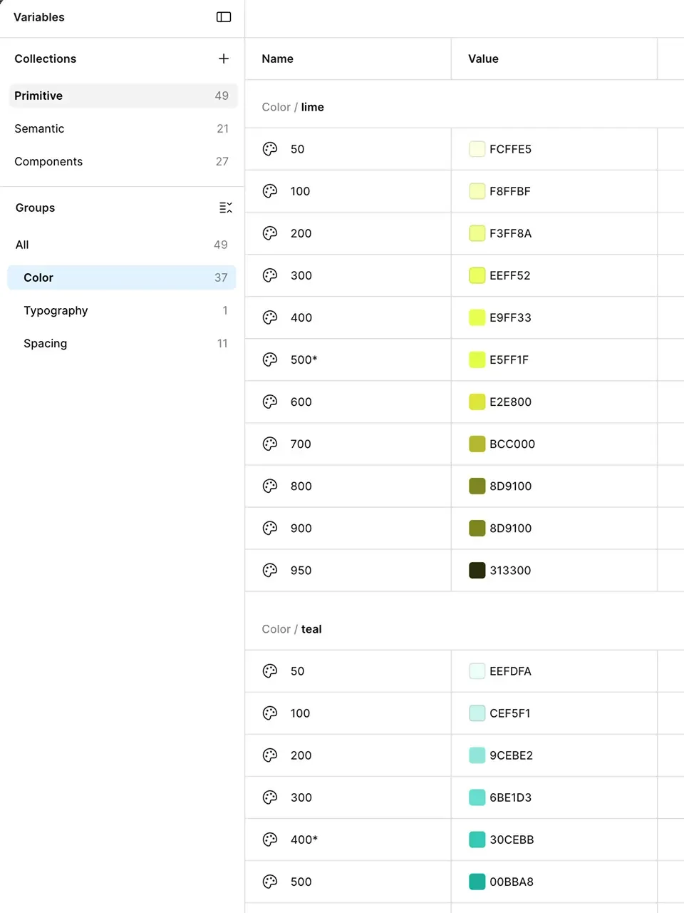 Primitive color tokens showing raw color values