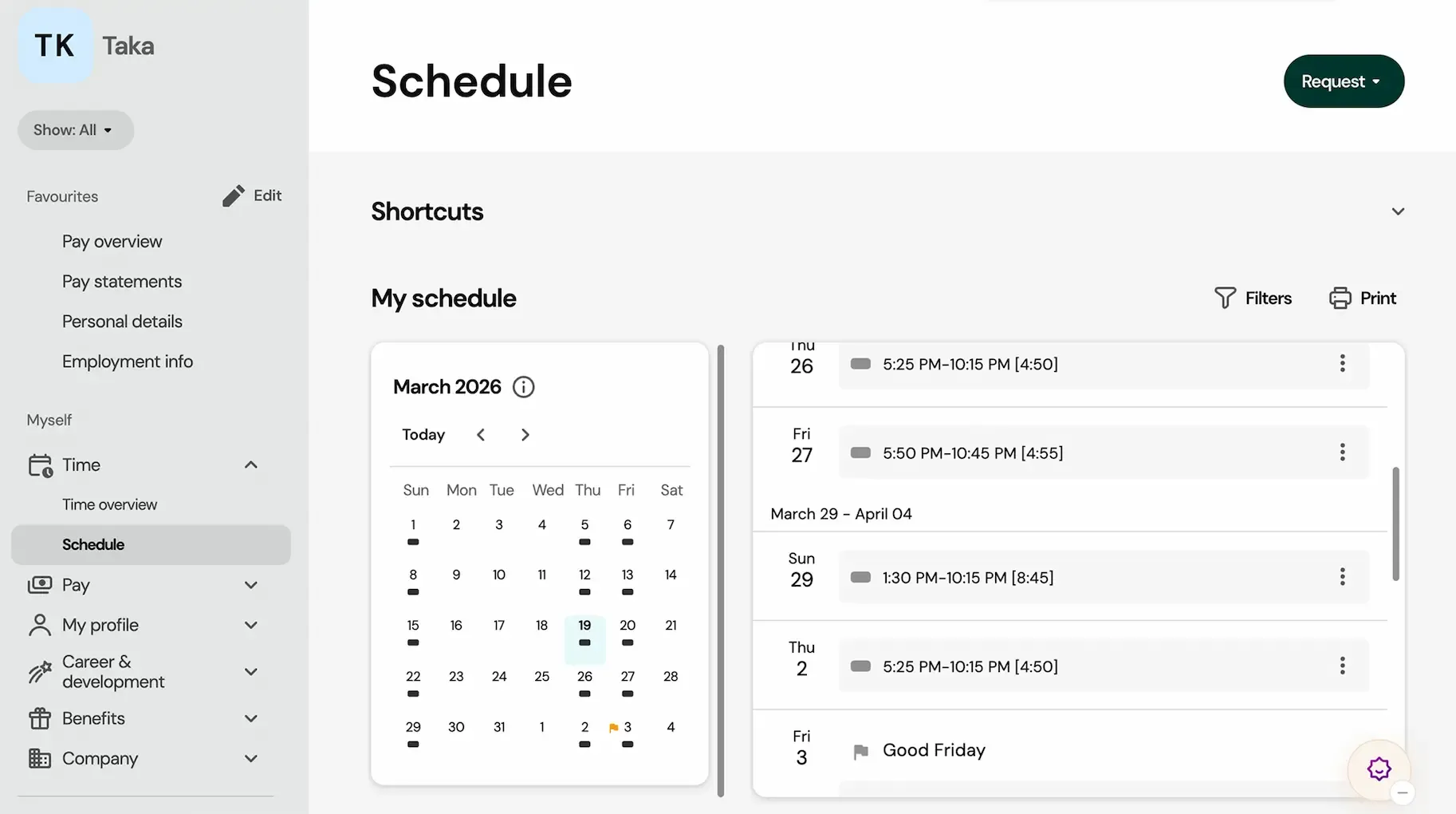 UKG schedule view showing assigned shifts only, without punch records