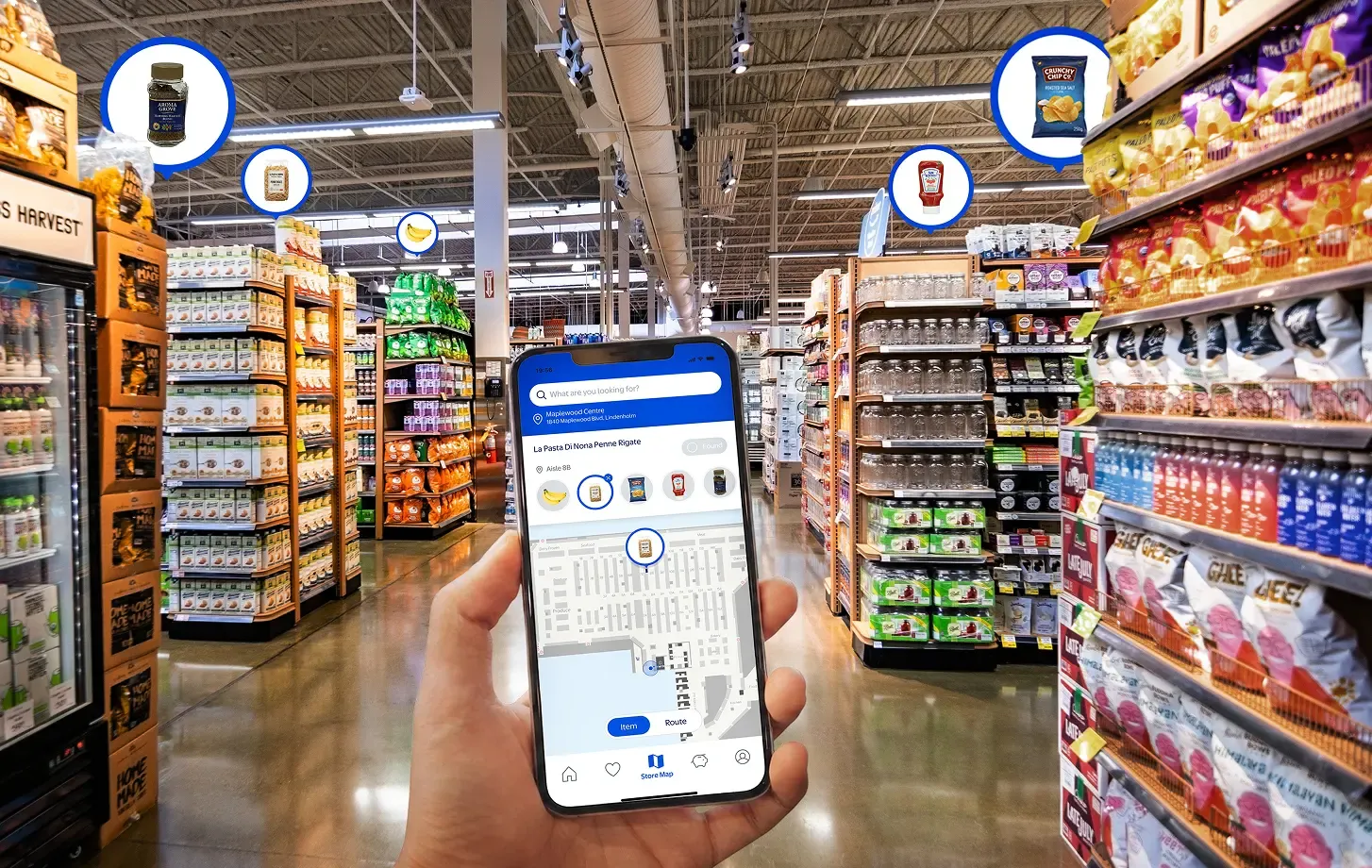 Hand holding a phone showing the store map app overlaid on a grocery aisle, with pins marking product locations on the shelves
