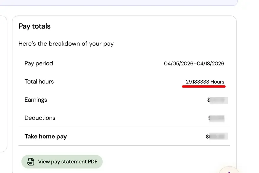 UKG screenshot showing total hours worked without breakdown