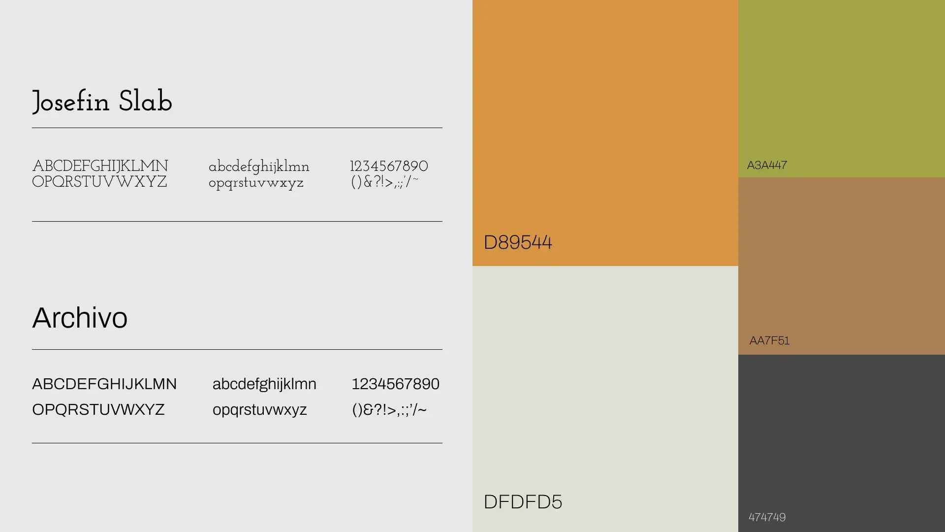 Stone & Honey typography (Josefin Slab, Archivo) and color palette